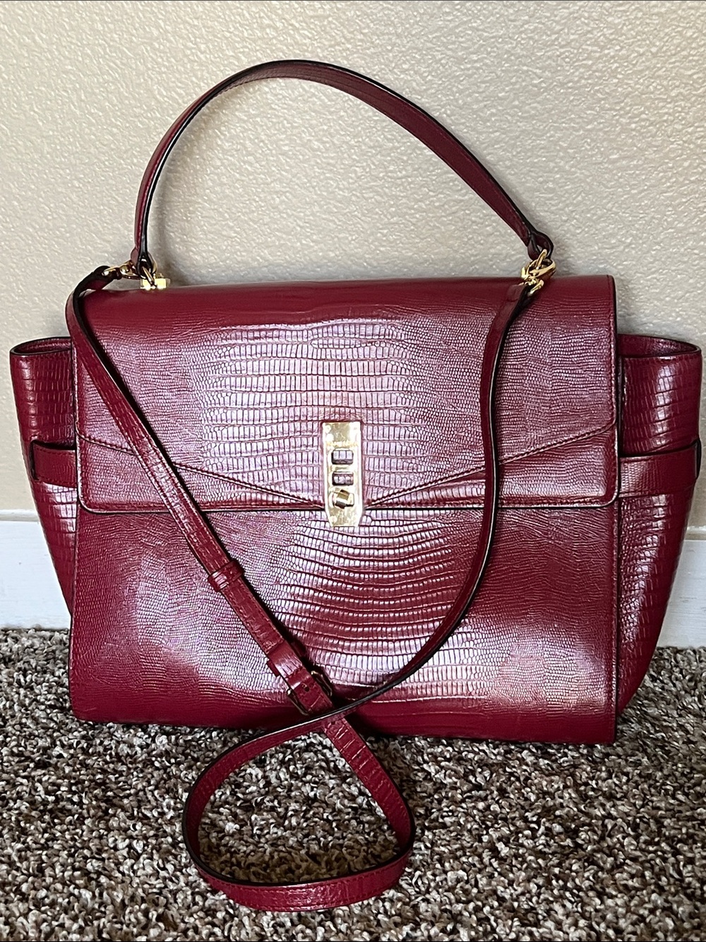 henri bendel Burgundy Croc-Embossed Top-Handle Satchel with Shoulder Strap